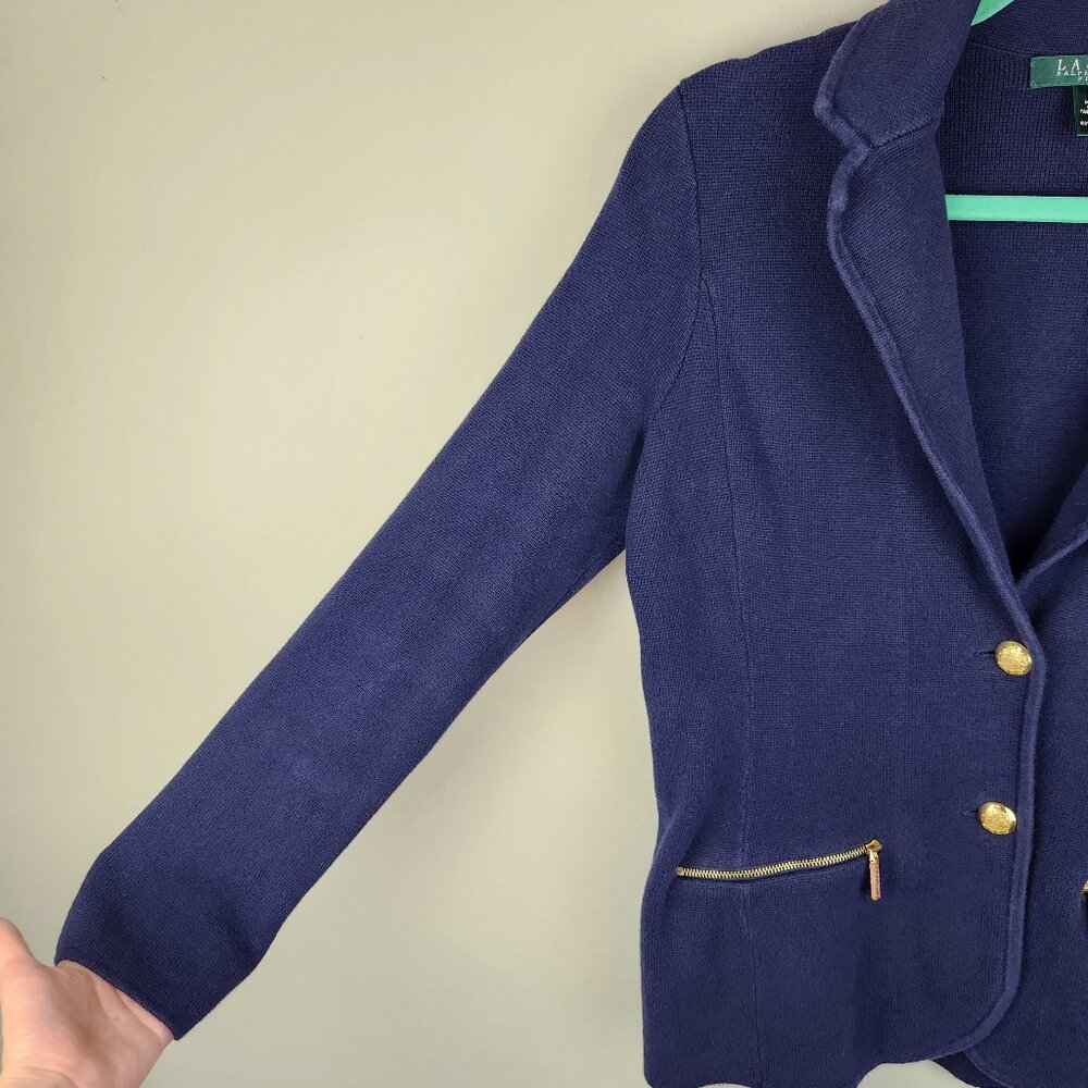 LRL Lauren Ralph Lauren Navy Blue Cotton Knit Sweater Blazer sz PM - Picture 6 of 10